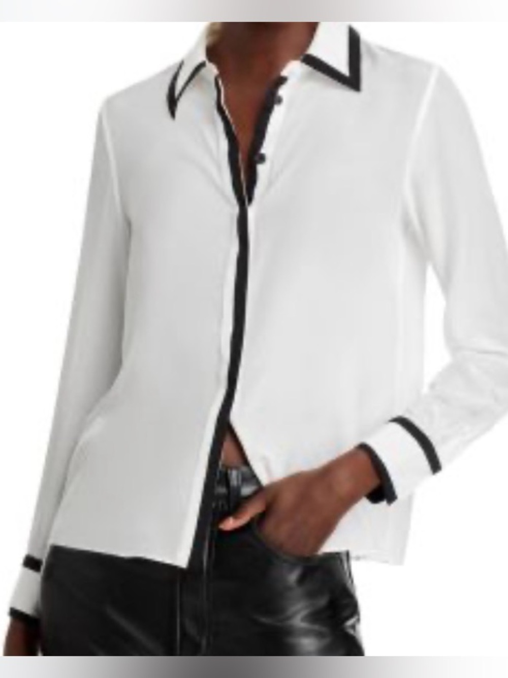 Alice + Olivia Willa Silk Placket Button-Down Blouse with Black Trim